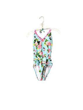 Betsey Johnson Floral Print One-Piece Swimsuit Halter Neck Tie Waist Pink & Blue